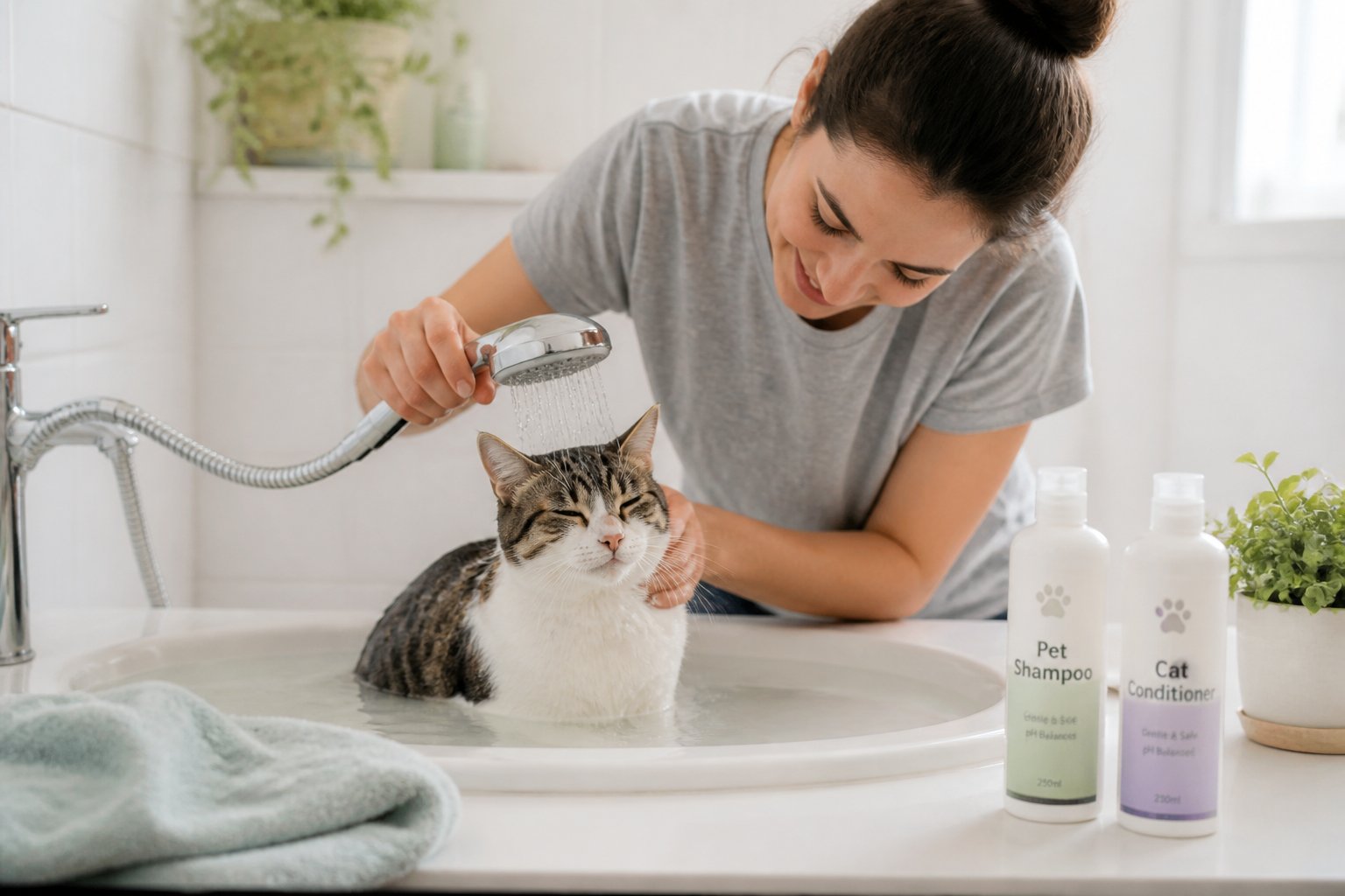 A person gently bathing a calm cat in a sink with warm water in a bright bathroom.