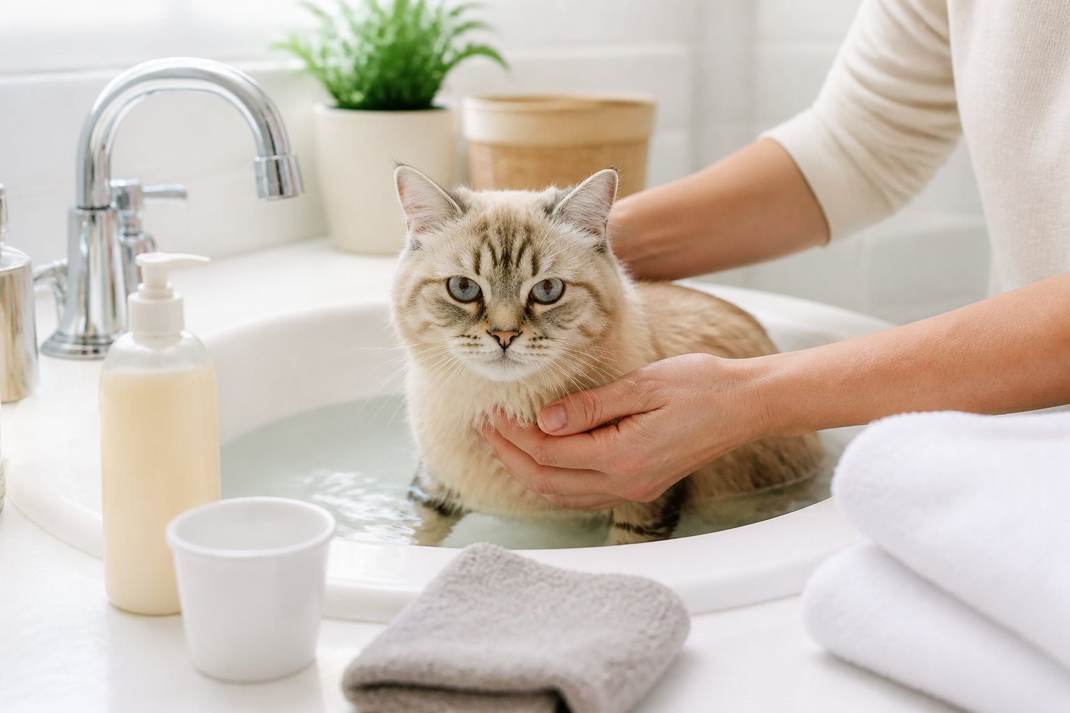 A calm cat being gently bathed in a sink with cat-safe shampoo and bathing supplies nearby.