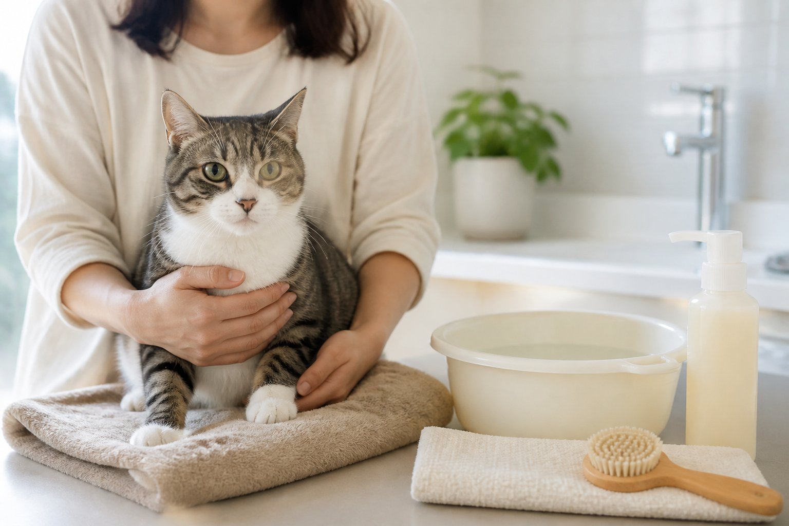 A person gently holding a calm cat on a bathroom counter with bathing supplies nearby.