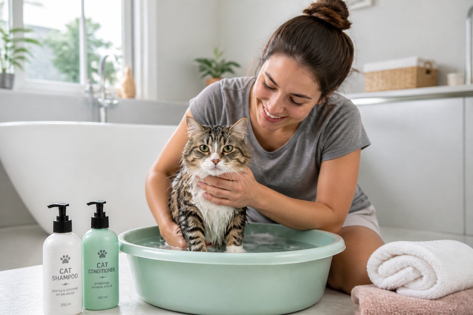 A person gently bathing a calm cat in a basin of water in a bright bathroom.