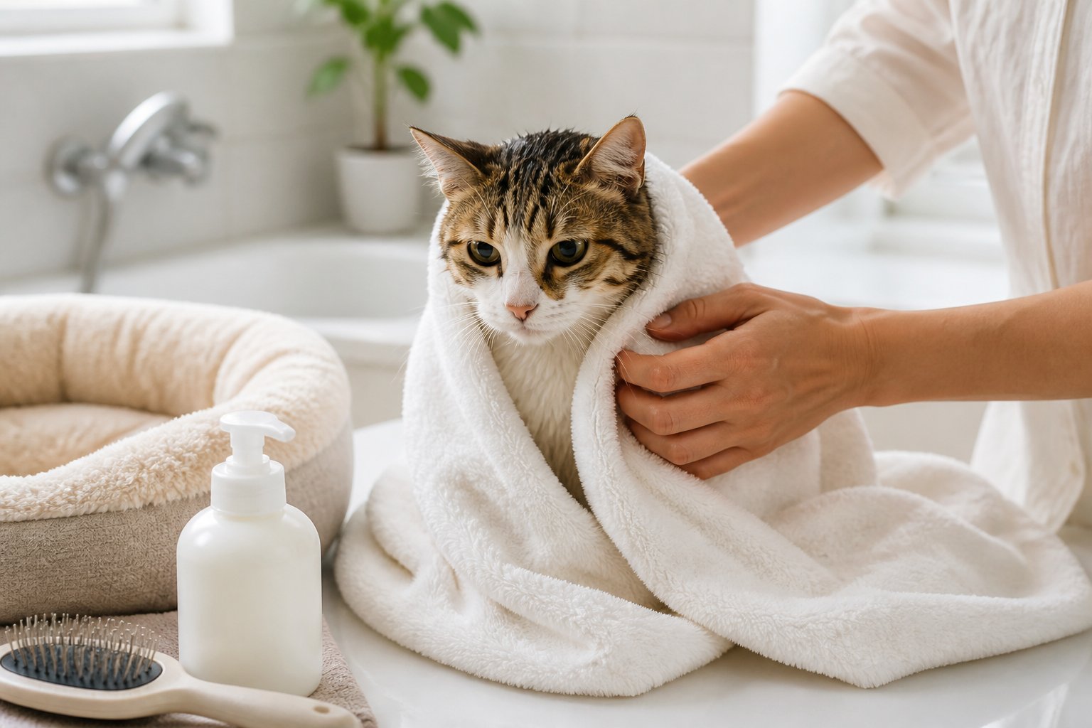 A person gently drying a calm cat with a towel in a bright bathroom, with pet care items nearby.