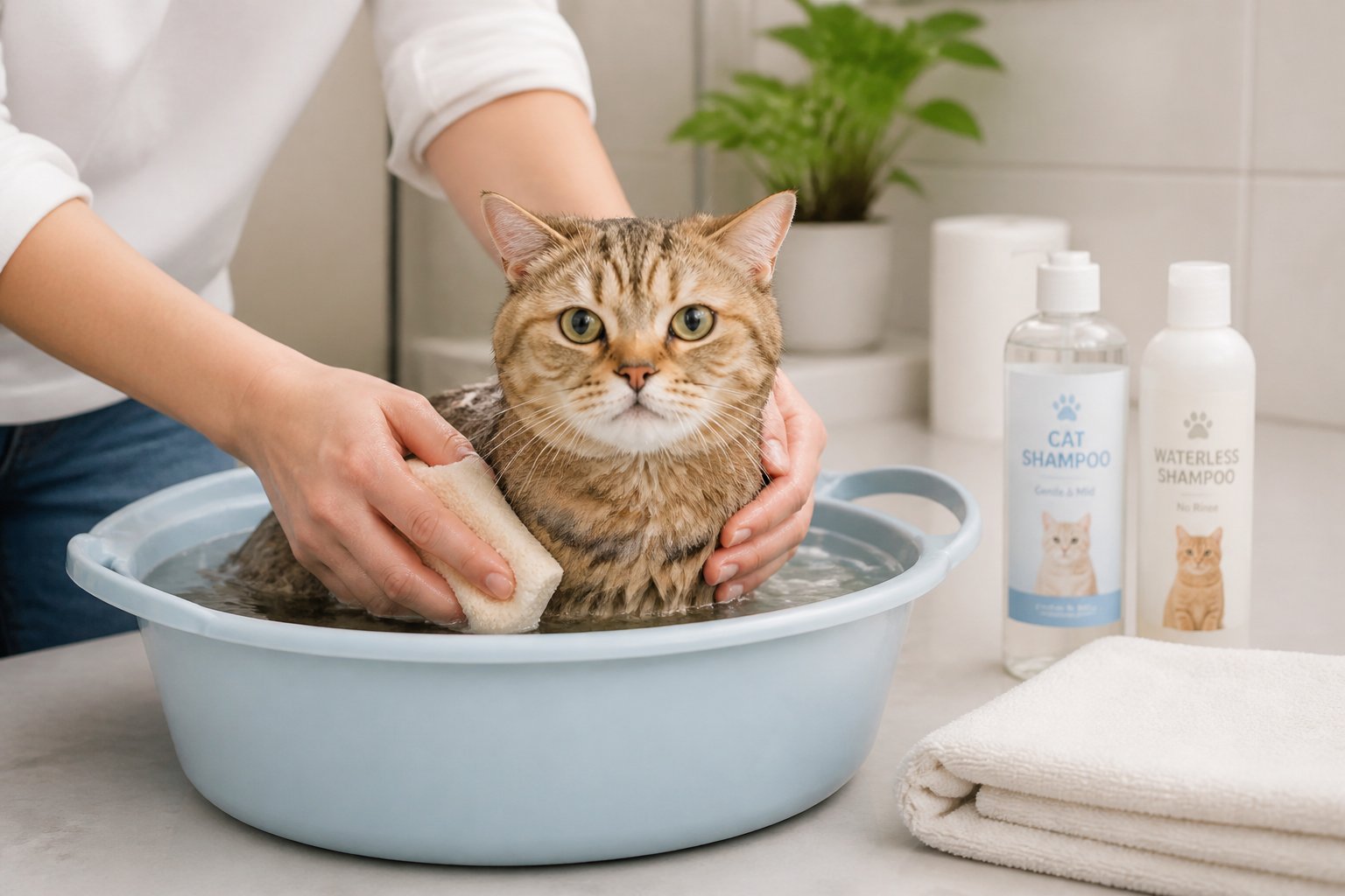 A person gently bathing a calm cat in a shallow basin of water in a clean bathroom.