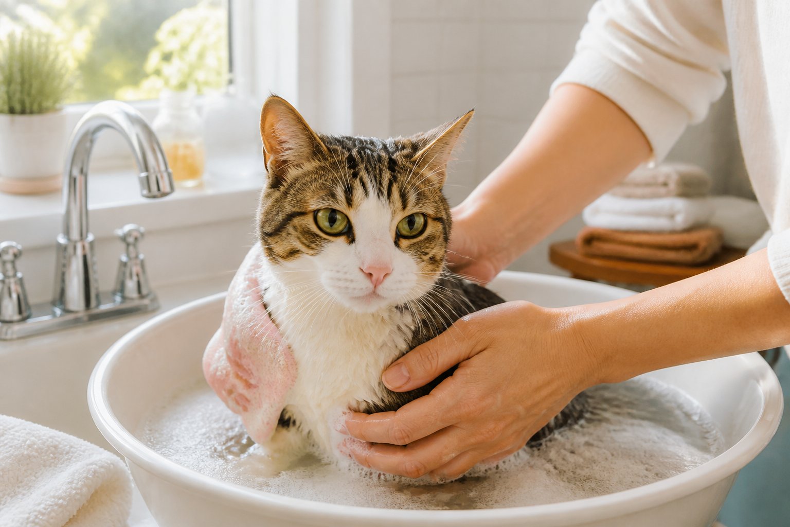 A person gently bathing a calm cat in a shallow basin of warm water in a bright bathroom.