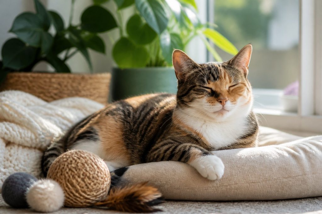 A relaxed cat lying on a cushion by a sunlit window in a cozy room, looking peaceful and content.