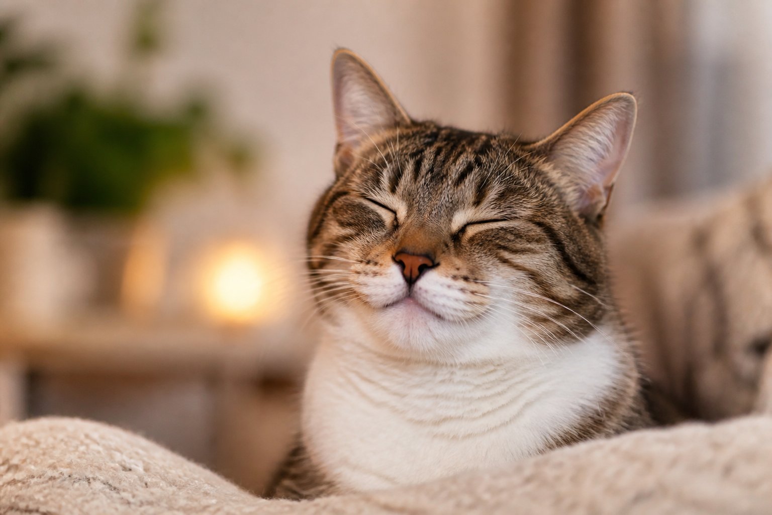 A calm domestic cat sitting indoors with a relaxed and content facial expression.