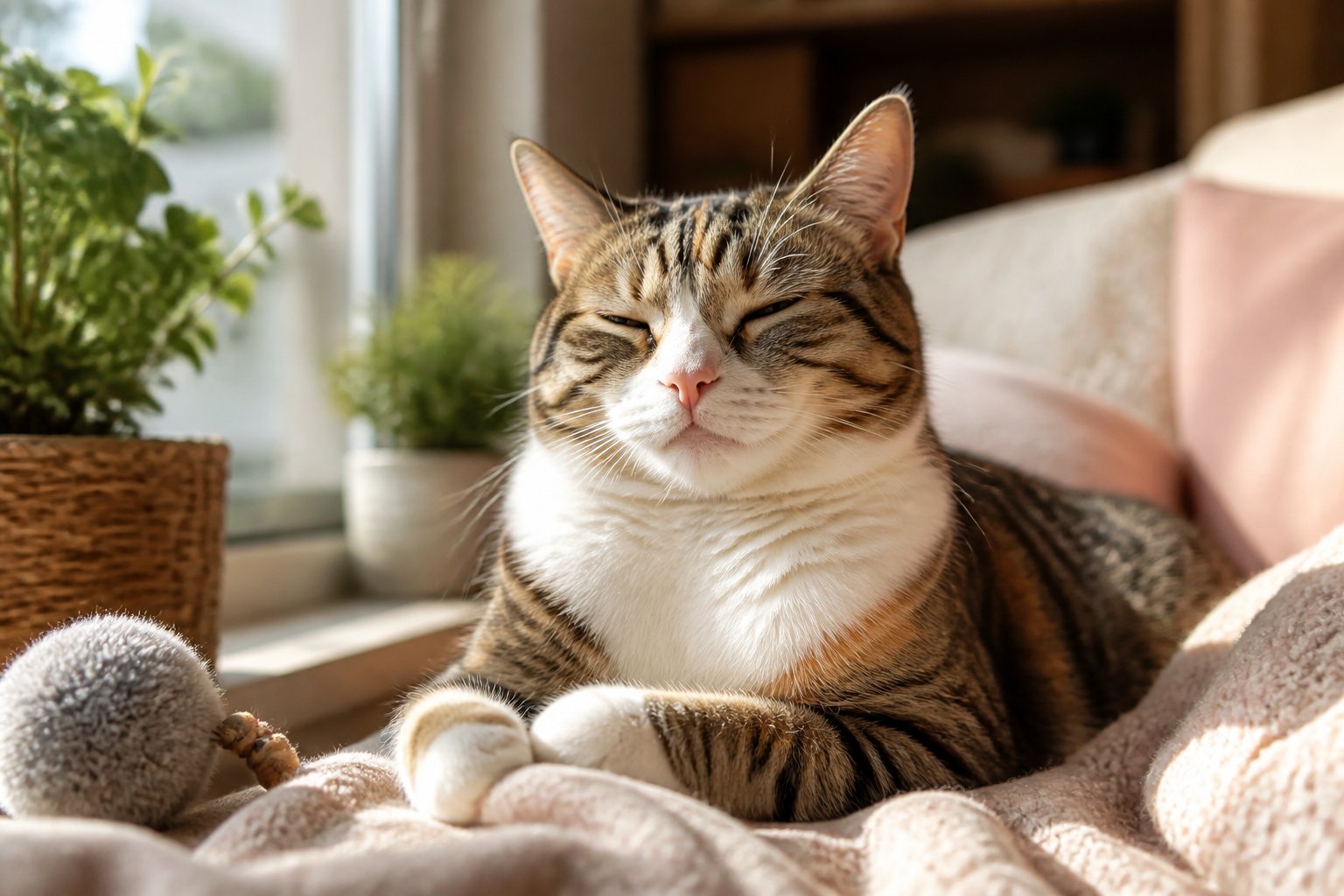 A relaxed cat sitting on a soft blanket near a sunny window in a calm home environment.