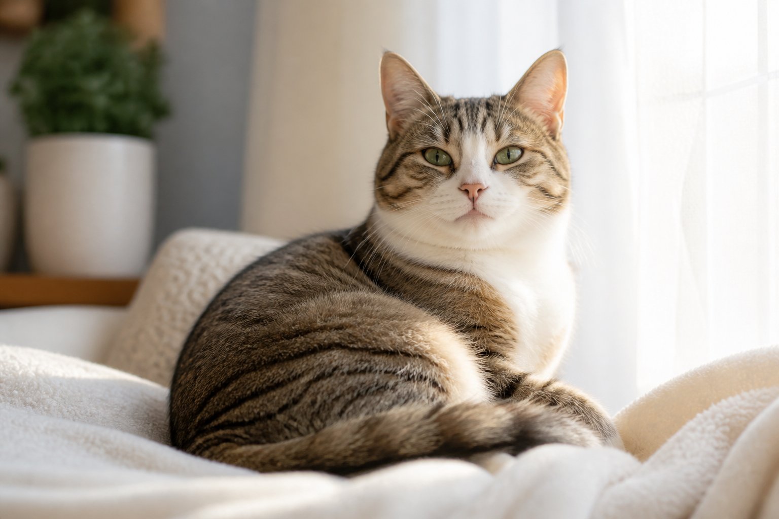 A relaxed domestic cat sitting on a blanket near a sunlit window, looking content and calm.