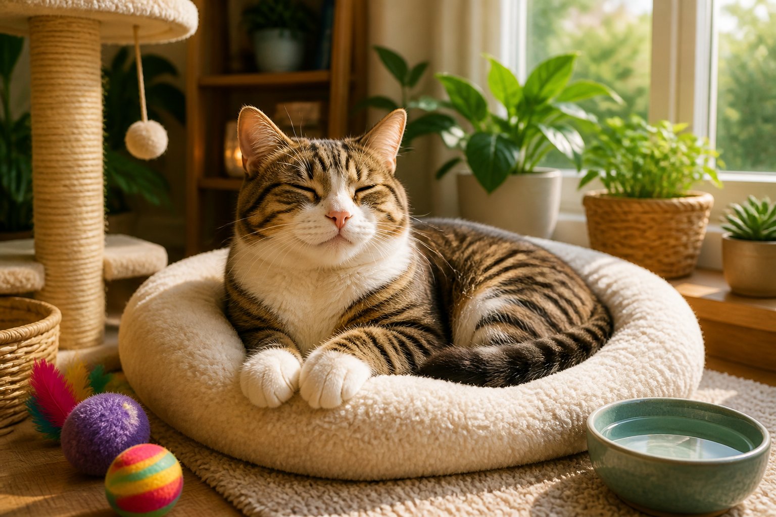 A relaxed cat resting on a cushion near a sunny window surrounded by toys and plants.