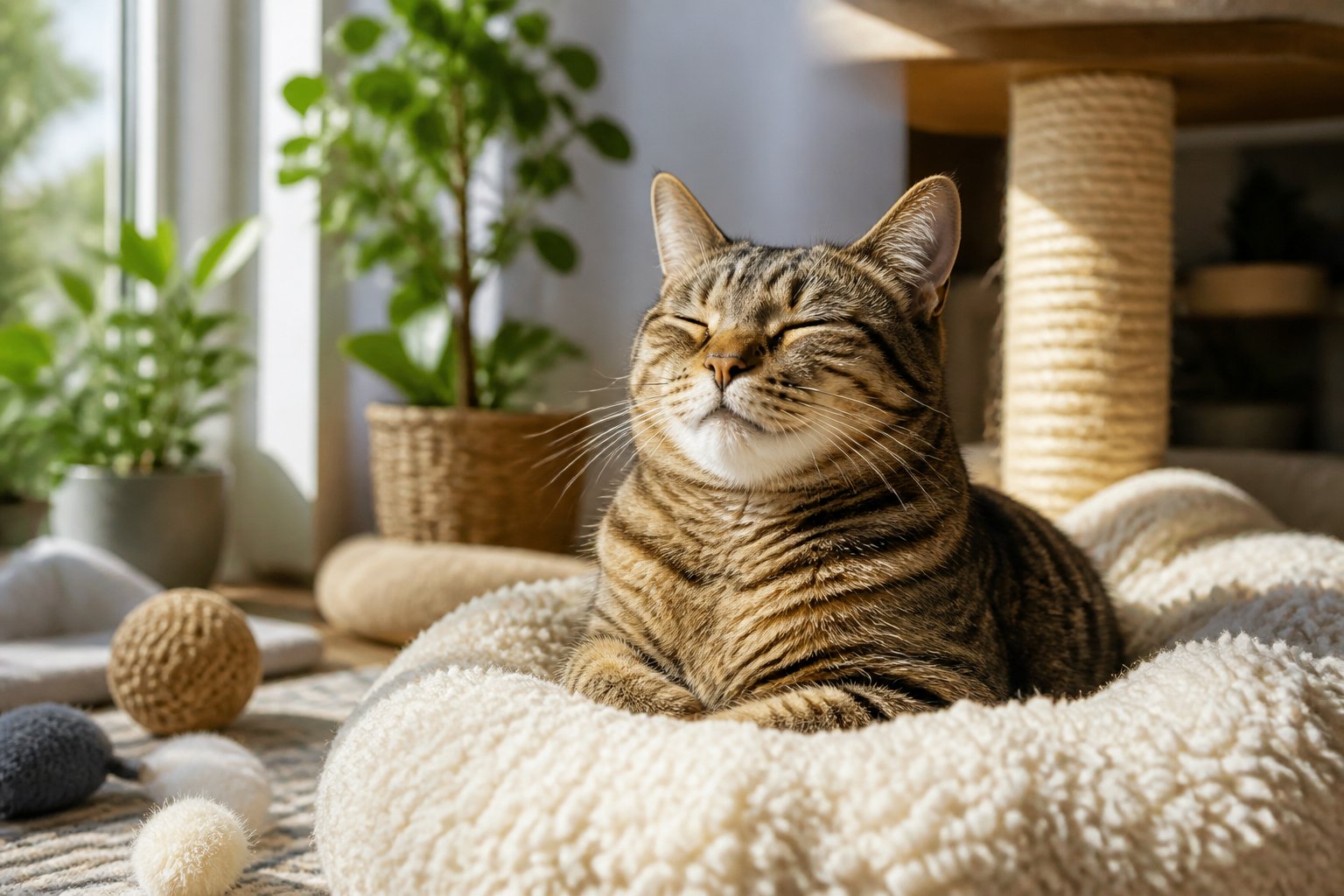 A relaxed cat sitting comfortably on a cushion near a sunlit window, looking peaceful and content.