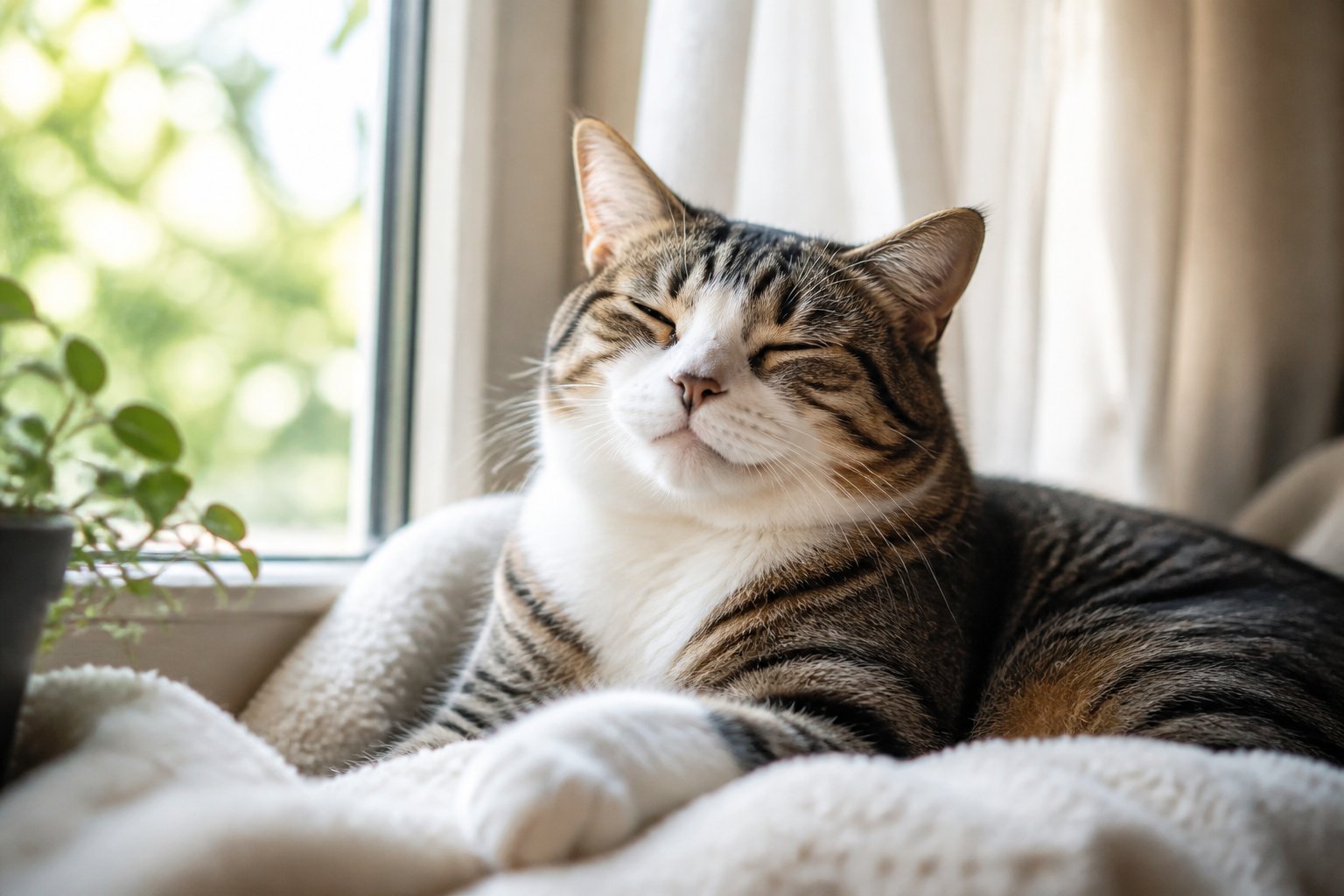 A relaxed cat resting comfortably on a blanket near a sunny window, looking calm and content.