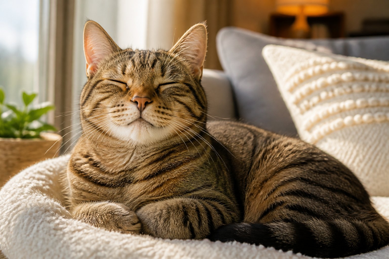 A relaxed cat sitting comfortably indoors with eyes gently closed, appearing peaceful and content.