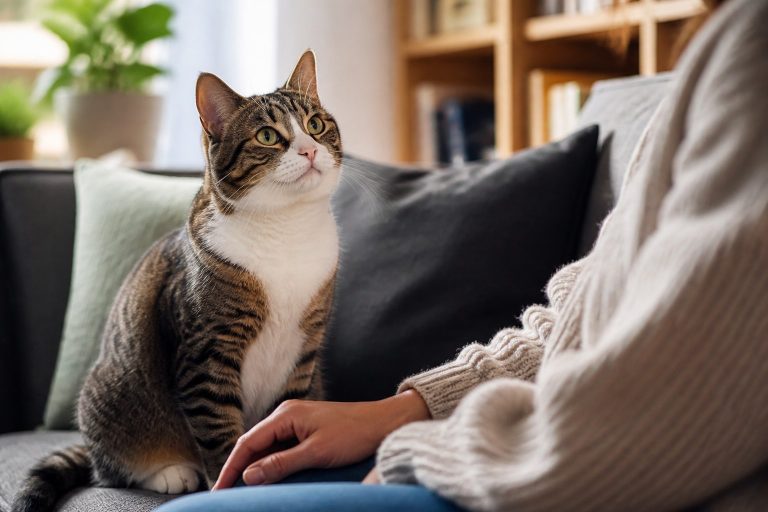 A cat sitting on a sofa looking intently at a nearby person whose hand is resting near it.