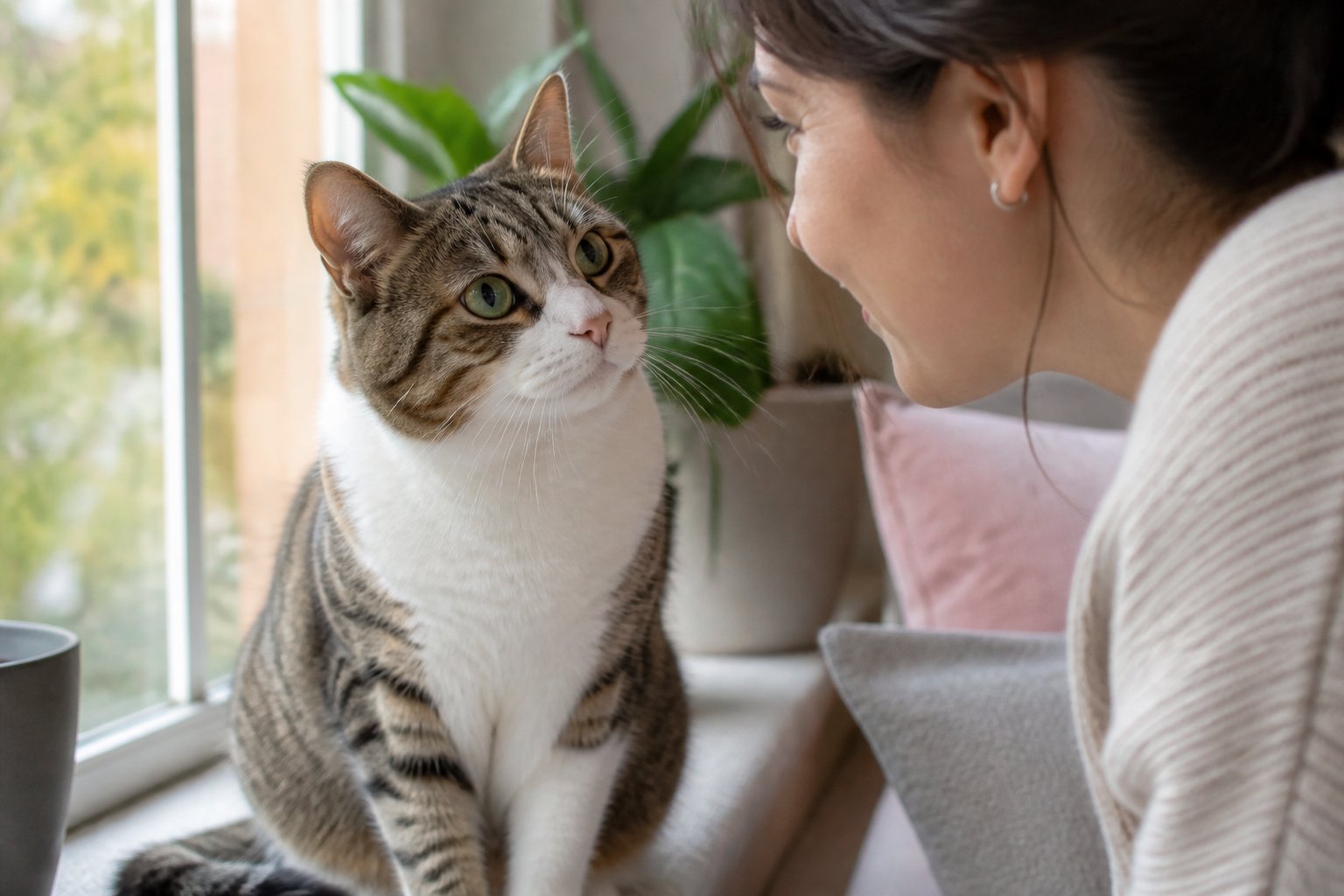 A cat sitting on a windowsill staring intently at a person who is looking back at the cat in a cozy living room.