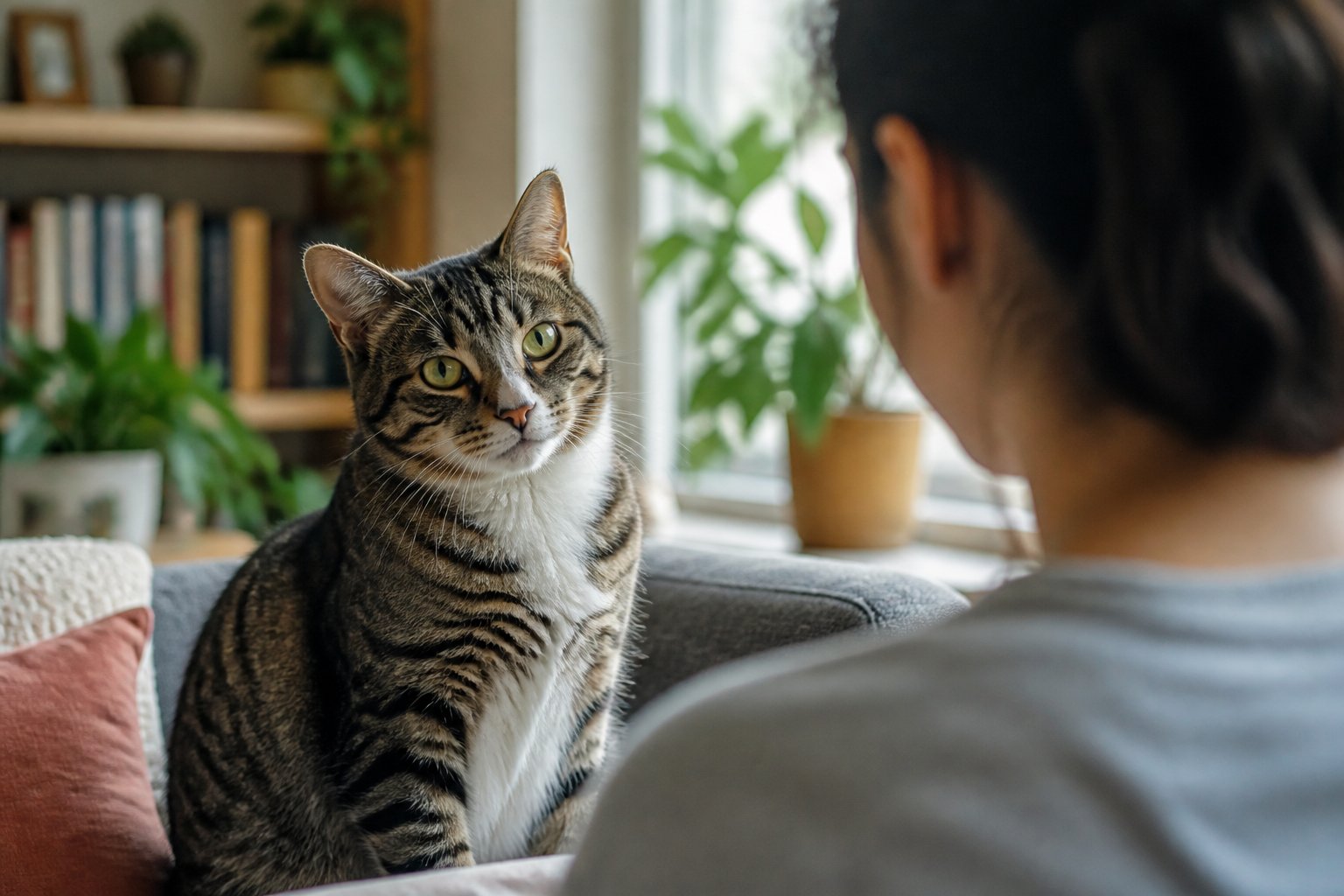 A cat sitting indoors, looking intently at a person nearby.