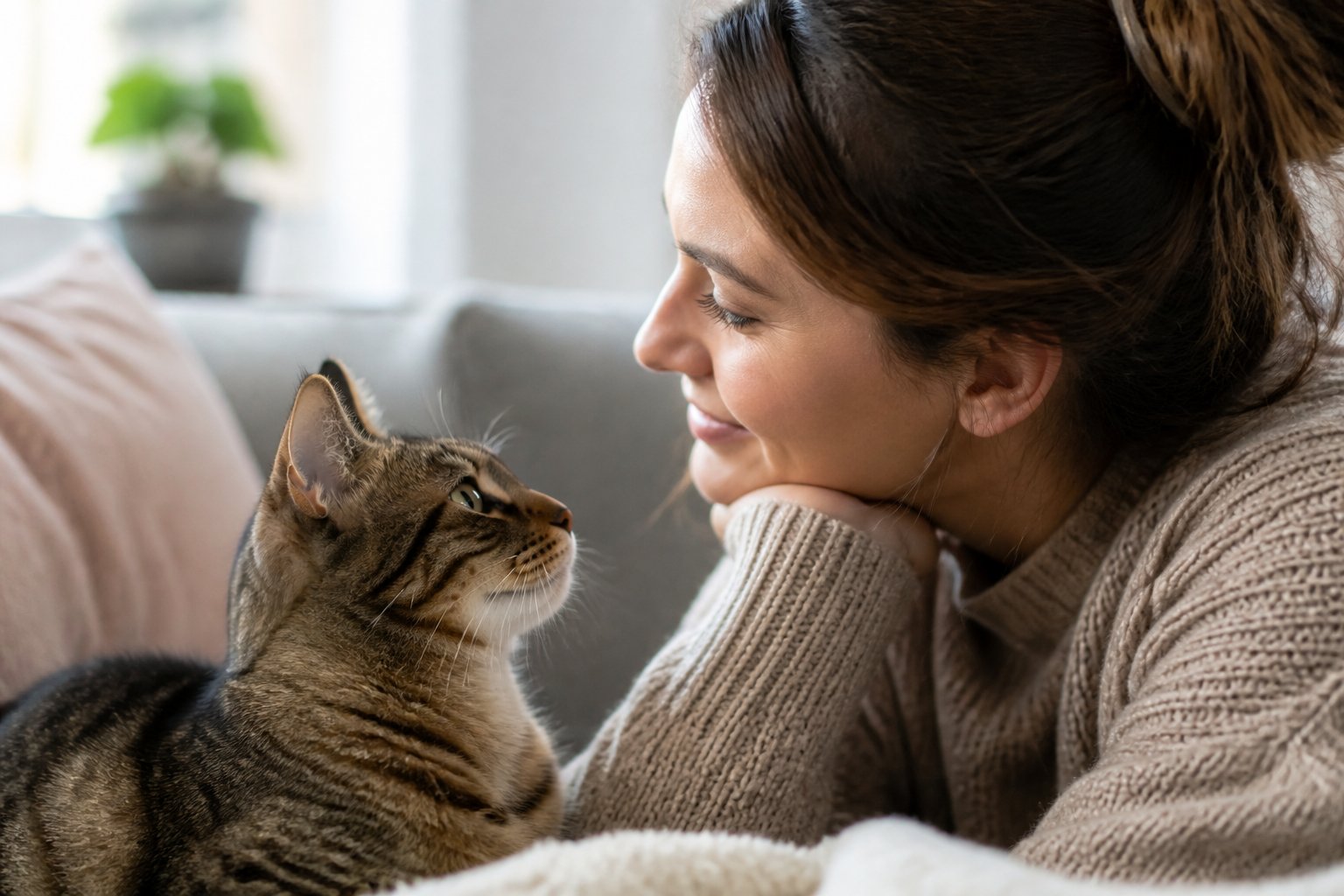A person and a cat looking at each other affectionately in a cozy living room.