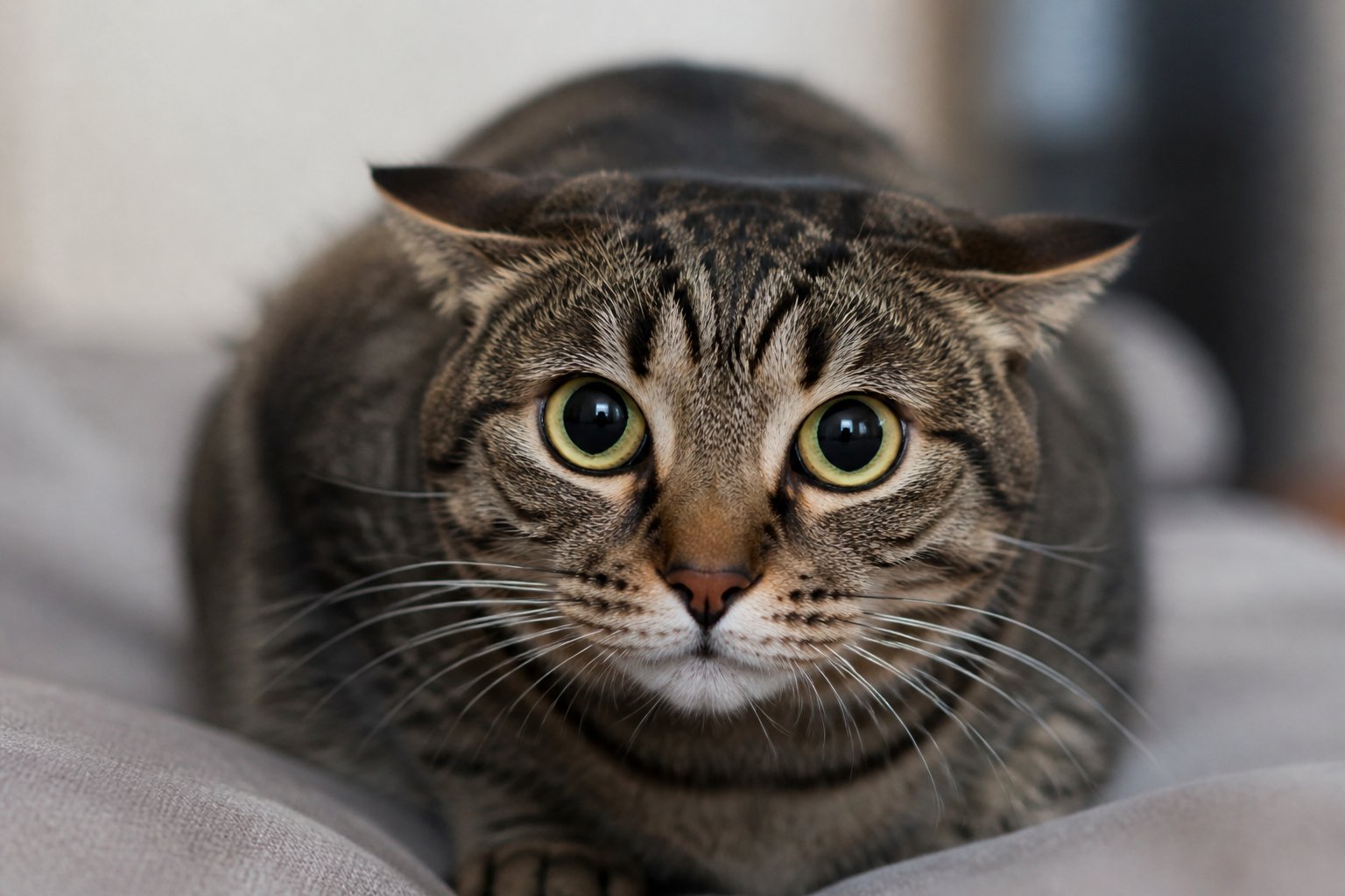A close-up of a cat staring intently with slightly flattened ears, showing signs of stress or discomfort indoors.