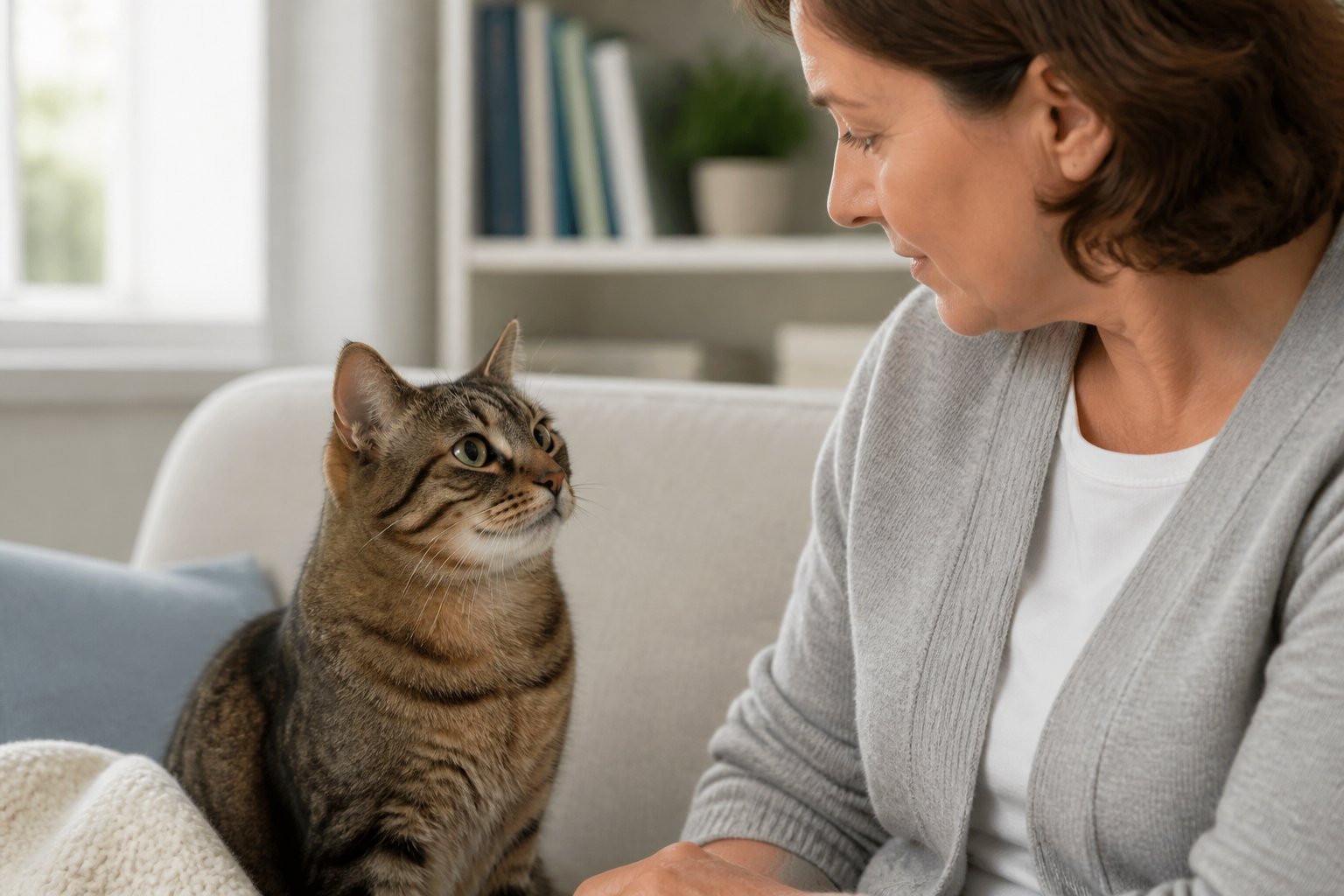 A cat sitting on a sofa staring intently at a person who looks back with concern.