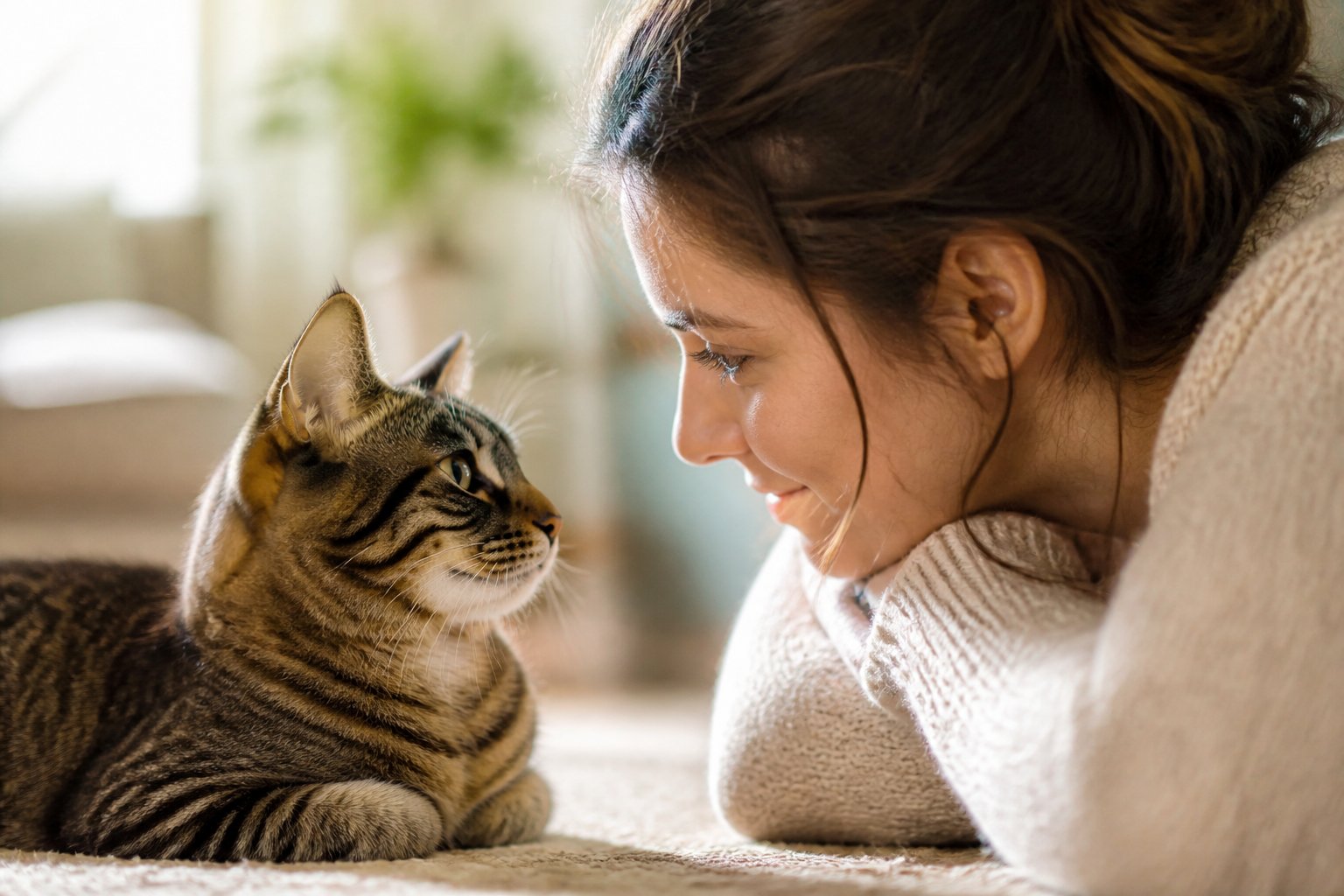 A person and a cat looking into each other's eyes in a cozy indoor setting.