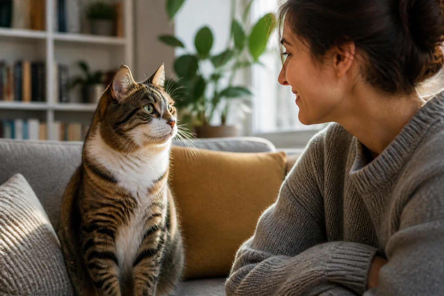A cat sitting on a couch staring attentively at a smiling person nearby in a cozy living room.