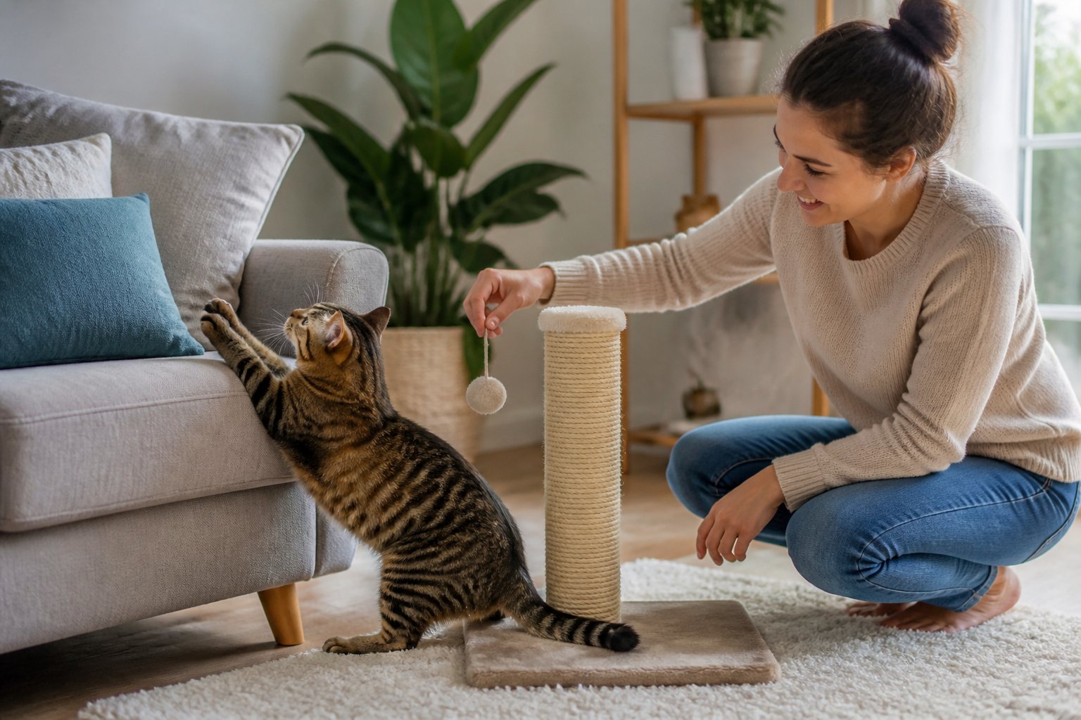 A cat scratching furniture indoors while a person redirects it to a scratching post.
