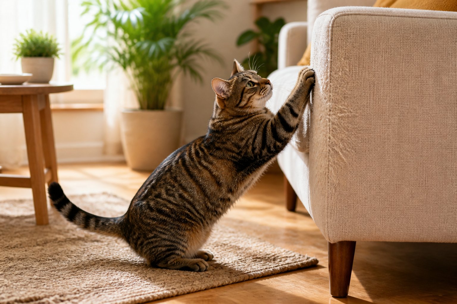 A domestic cat scratching a piece of furniture inside a cozy living room.