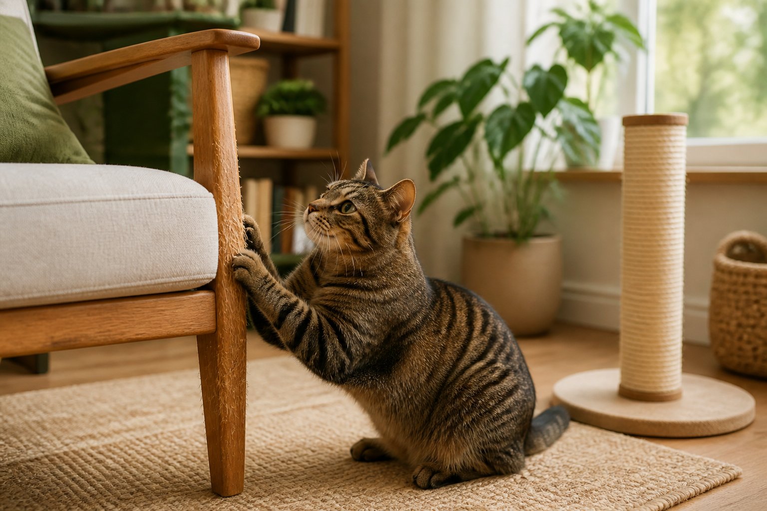A cat scratching a wooden piece of furniture next to a cat scratching post in a cozy living room.