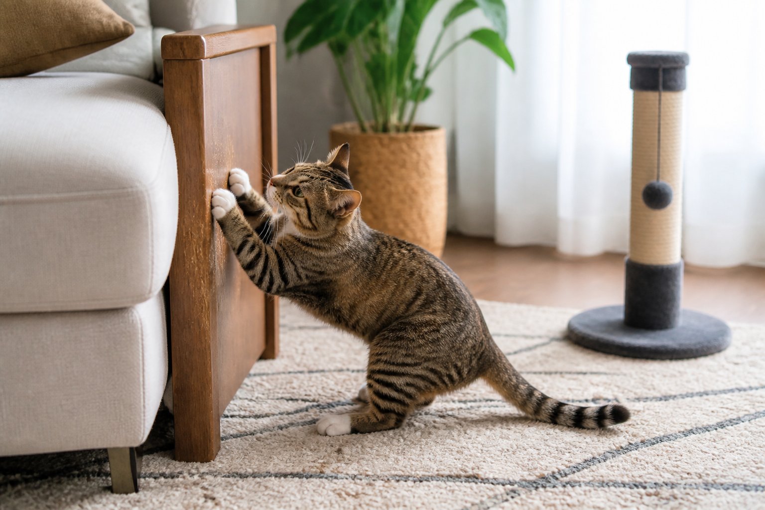 A cat scratching a piece of wooden furniture in a living room with a carpet and a nearby cat scratching post.