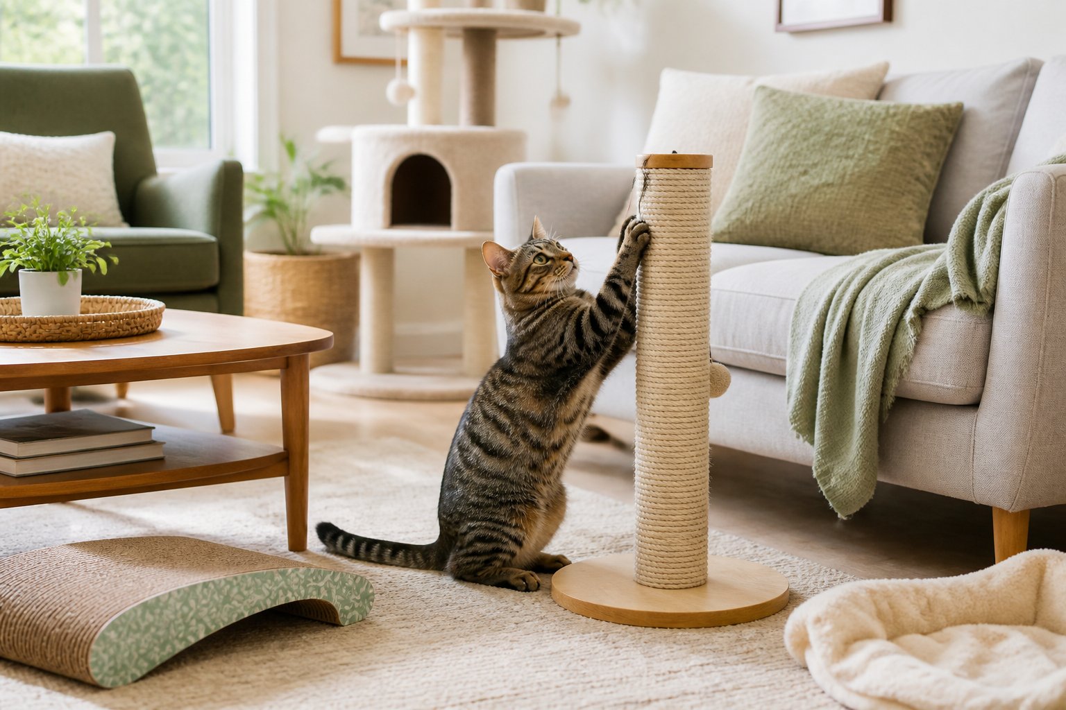 A cat scratching a sisal scratching post in a tidy living room with cat-friendly items nearby and undamaged furniture.