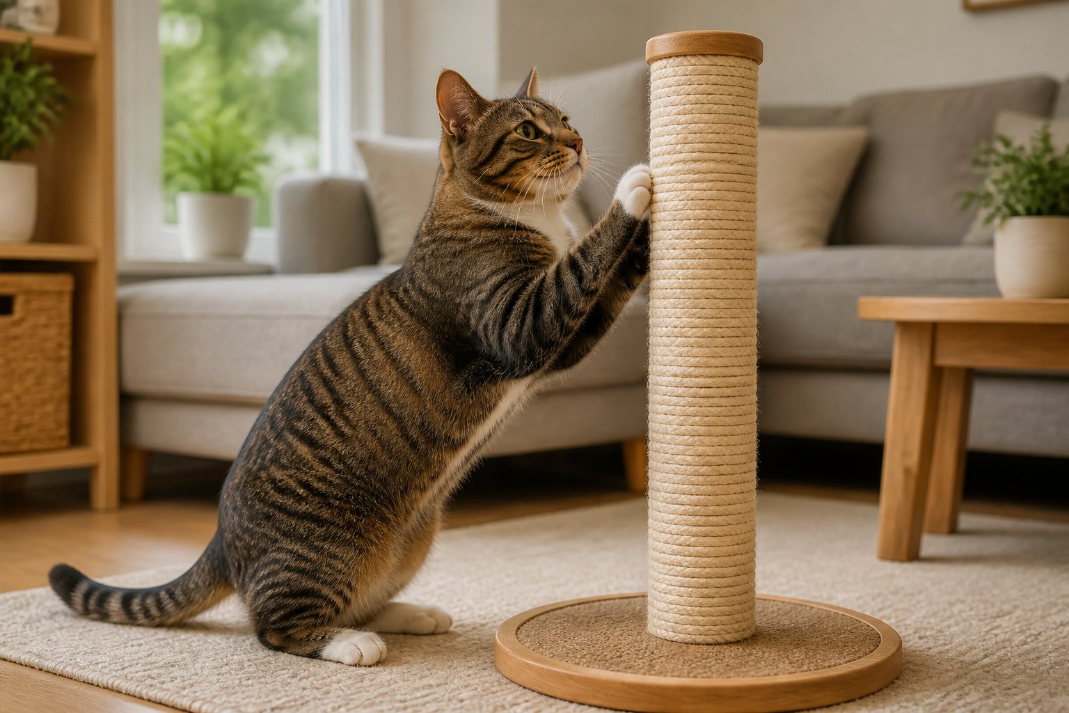 A cat scratching a scratching post in a living room with furniture and natural light.