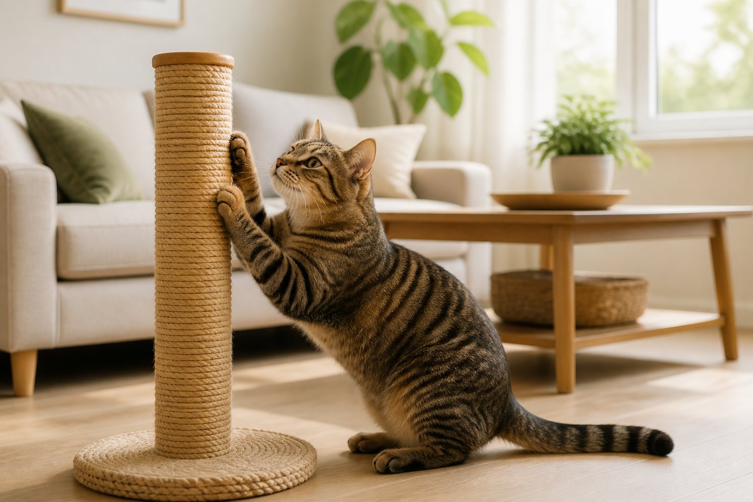 A cat scratching a sisal scratching post in a living room with furniture nearby.