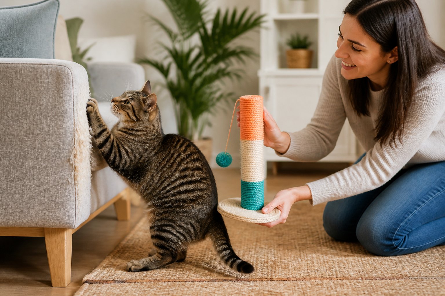 A cat scratching furniture while a person redirects its attention with a scratching post in a bright living room.