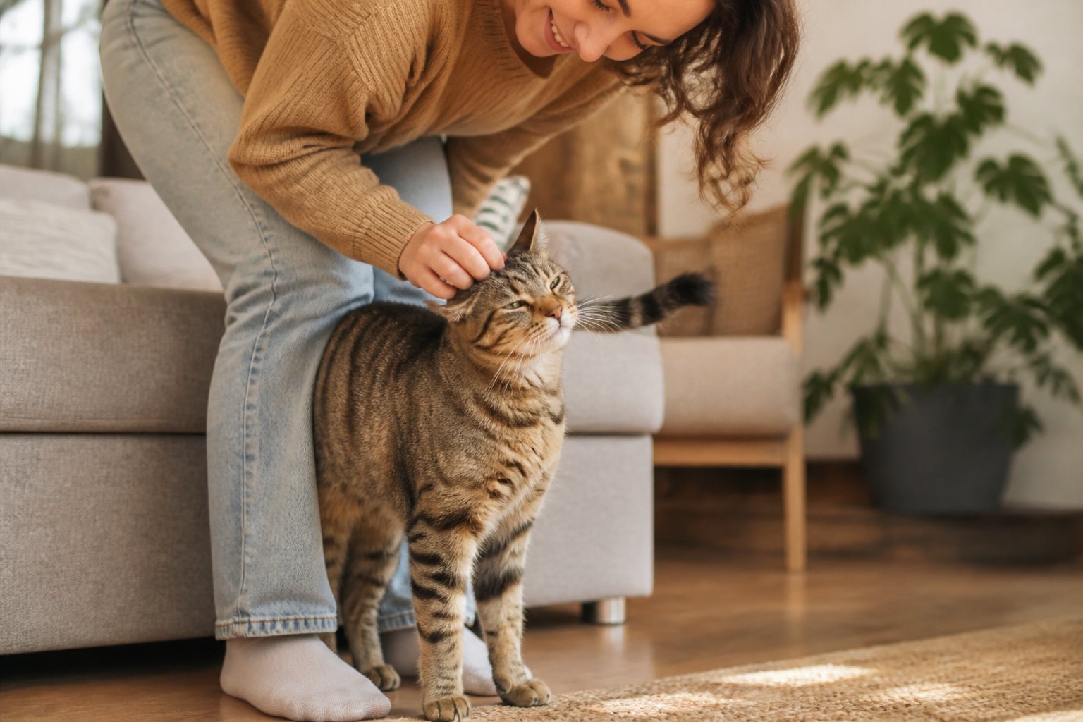 A cat rubbing against a person's legs indoors, showing affection and trust.