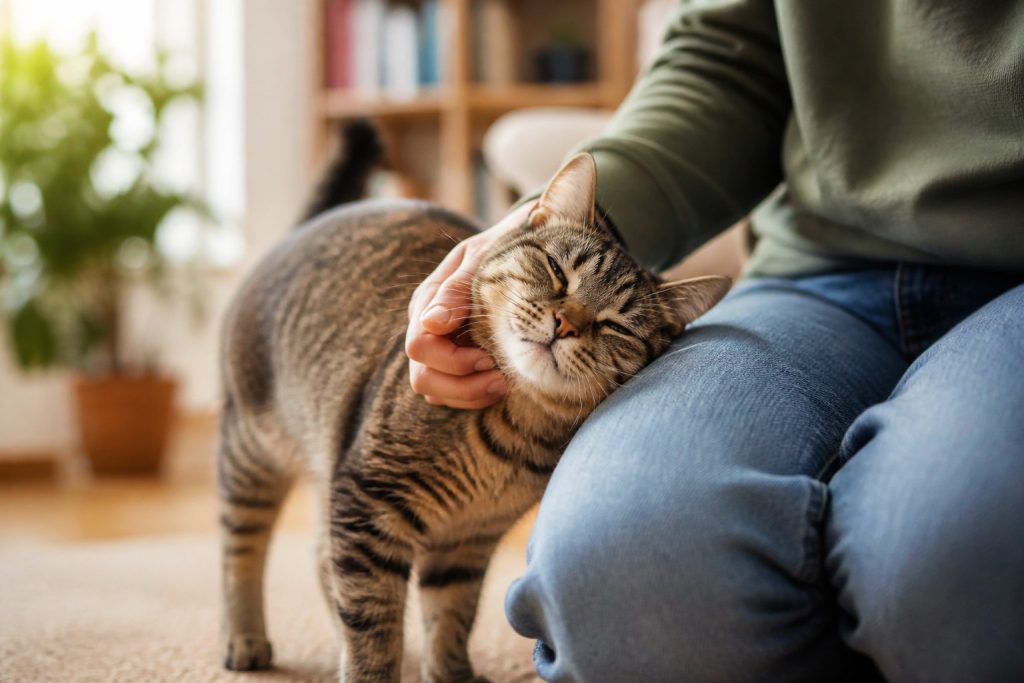 A cat rubbing its head and body against a person's hand and leg in a cozy indoor setting, showing affection and trust.
