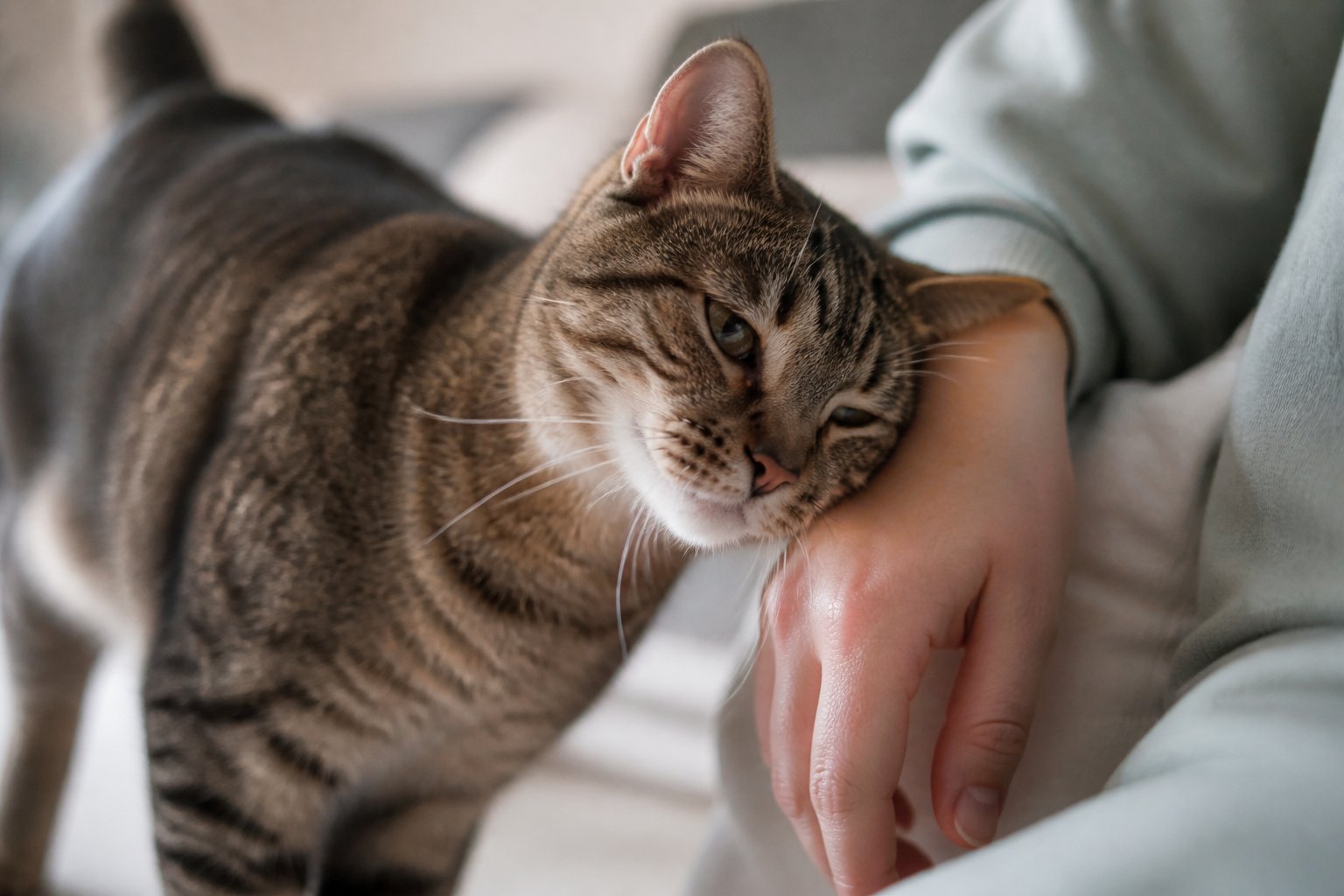 A domestic cat rubbing its face and body against a person's hand indoors, showing affection and trust.