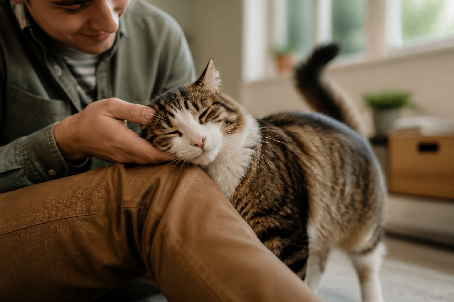 A cat rubbing against a person's hand and leg in a cozy indoor setting, showing affection and trust.