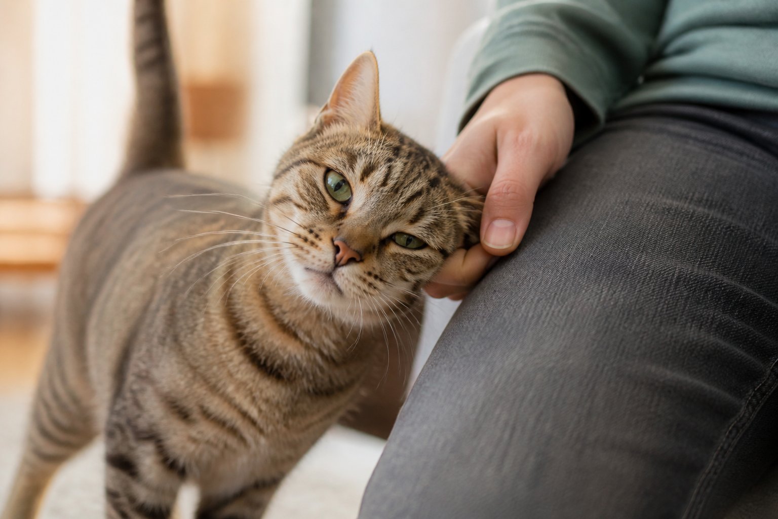 A cat rubbing against a person's hand and leg indoors, showing affection.