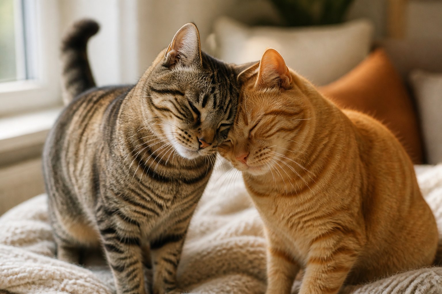 Two cats gently rubbing against each other indoors, showing affection and social bonding.