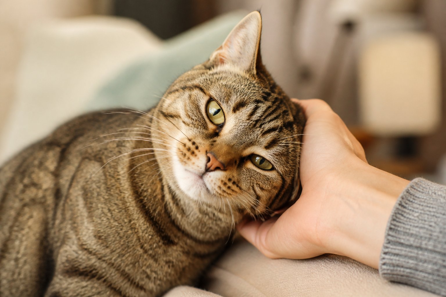 A cat gently rubbing its head against a person's hand in a warm indoor setting.