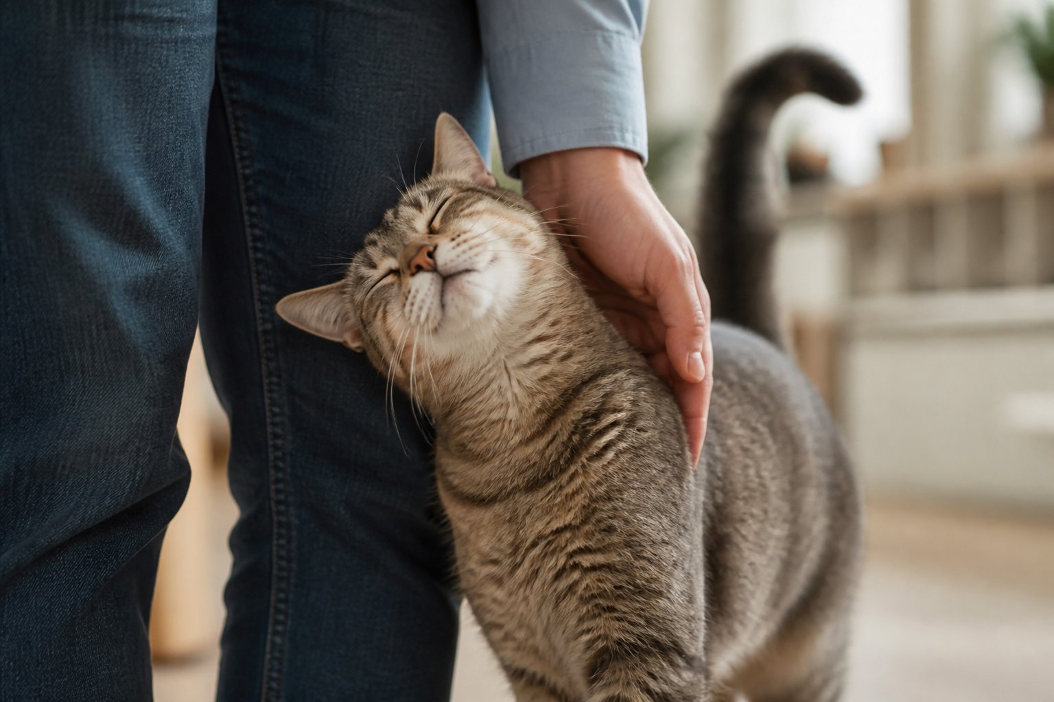 A cat rubbing its head and body against a person's hand and leg indoors, showing affection.