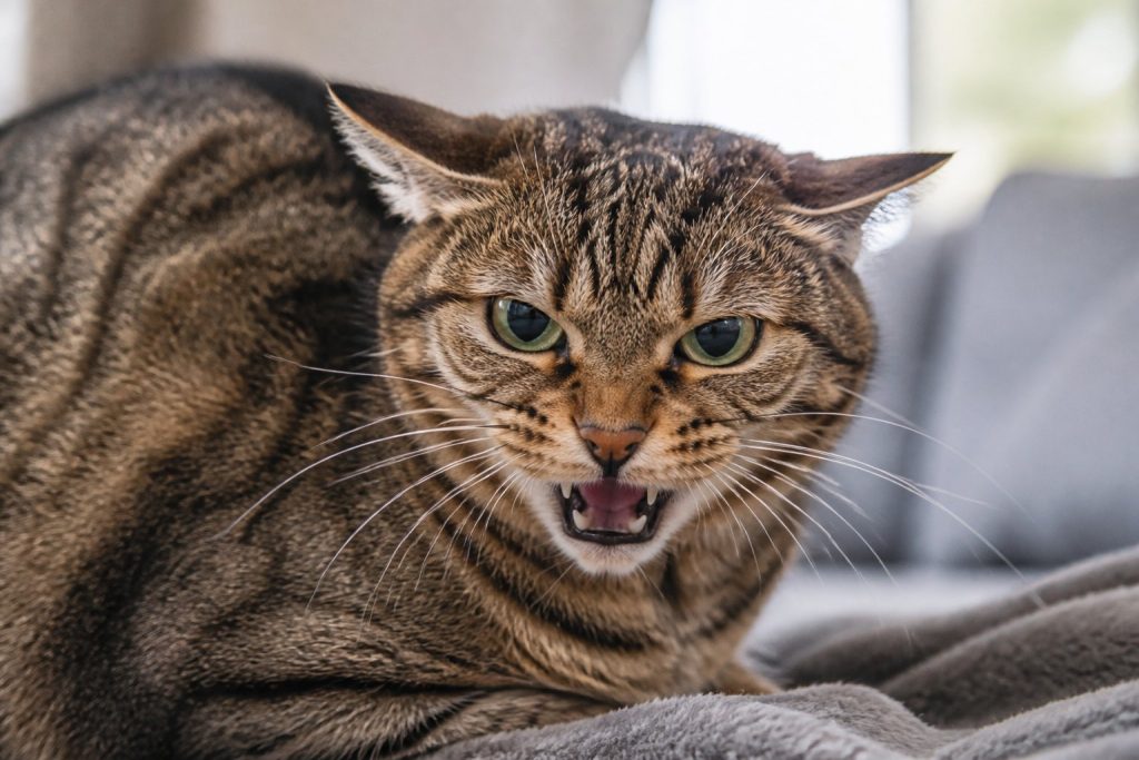 Close-up of a cat hissing with ears flattened and mouth open indoors on a soft surface.