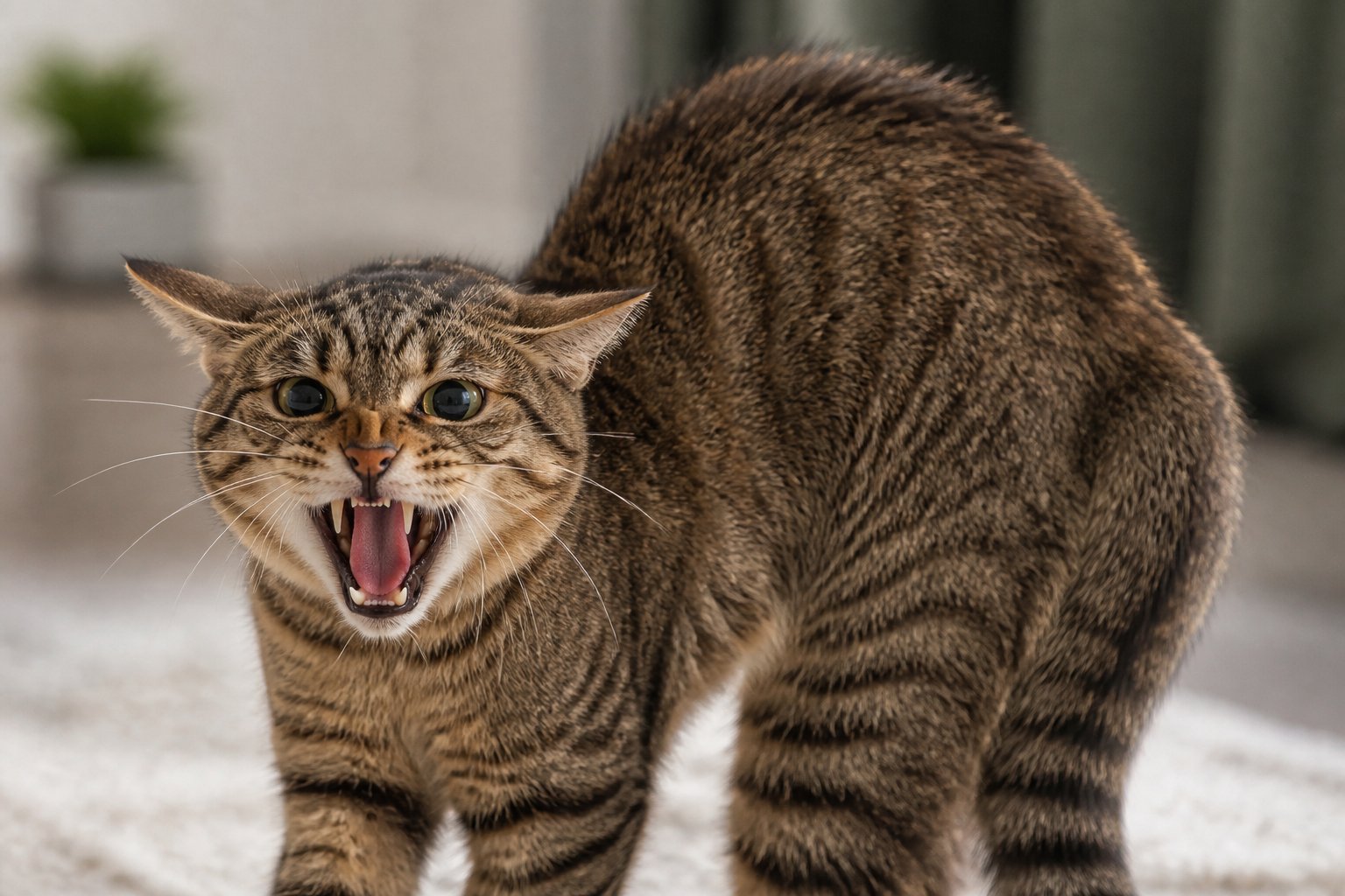 A domestic cat mid-hiss with ears flattened and mouth open, showing a defensive posture indoors.