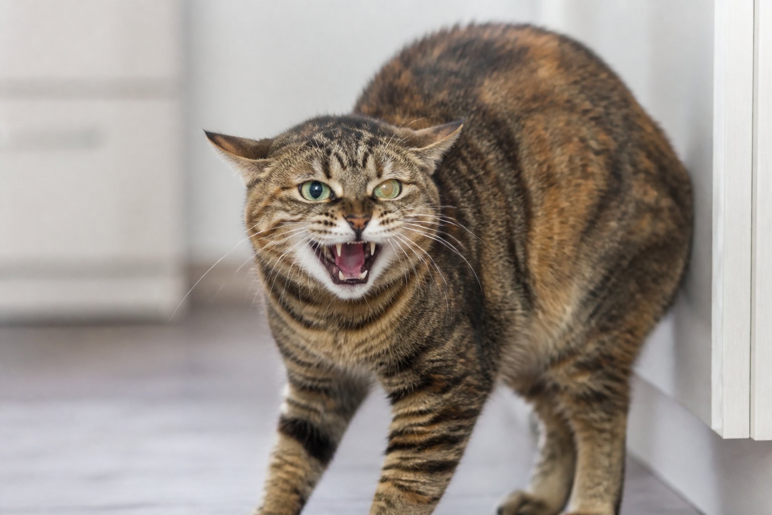 A domestic cat indoors with mouth open and ears flattened, showing signs of hissing and distress.