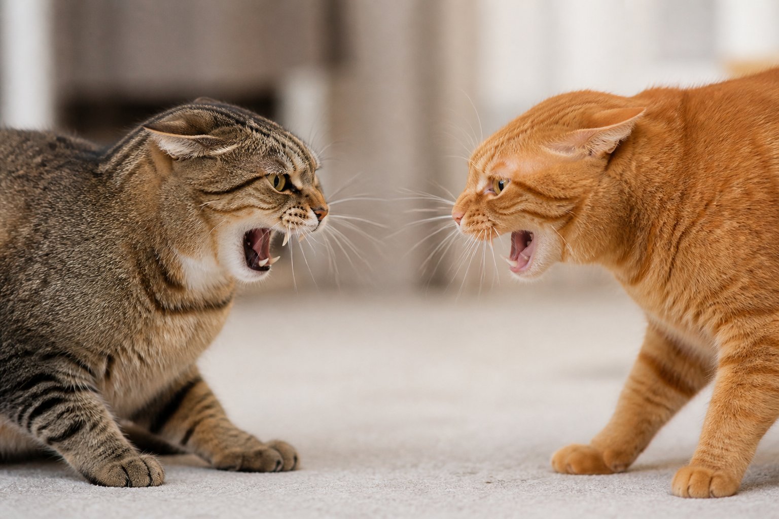 Two cats facing each other, hissing and showing aggressive body language indoors.