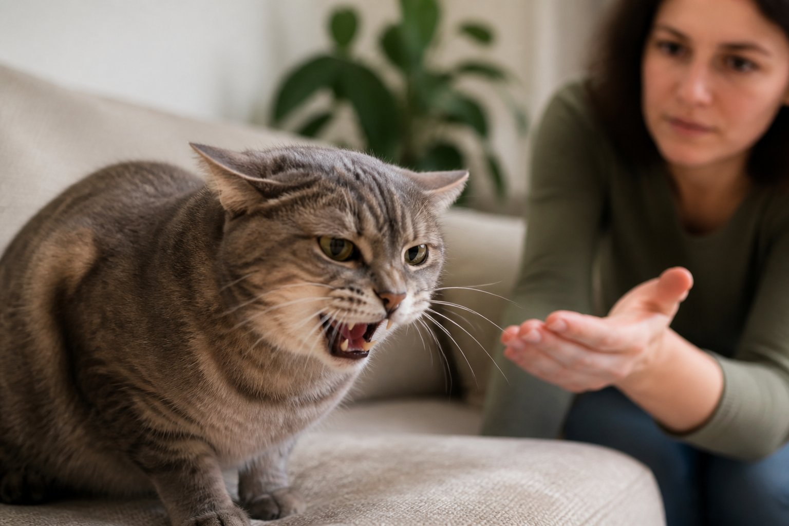 A domestic cat hissing with flattened ears while a person calmly reaches out to it in a living room.