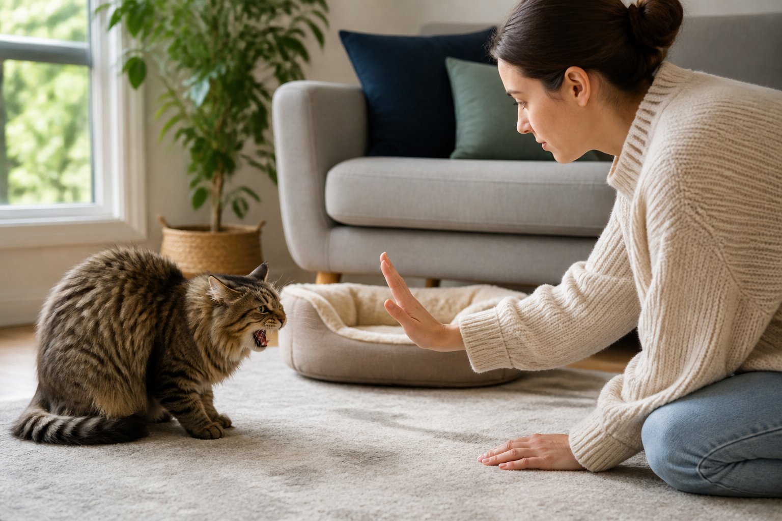 A person calmly interacting with a slightly agitated cat that is hissing indoors in a cozy living room.