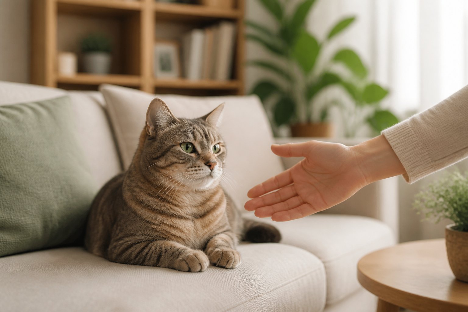 A calm cat sitting on a sofa in a cozy living room with a person gently reaching out to it.