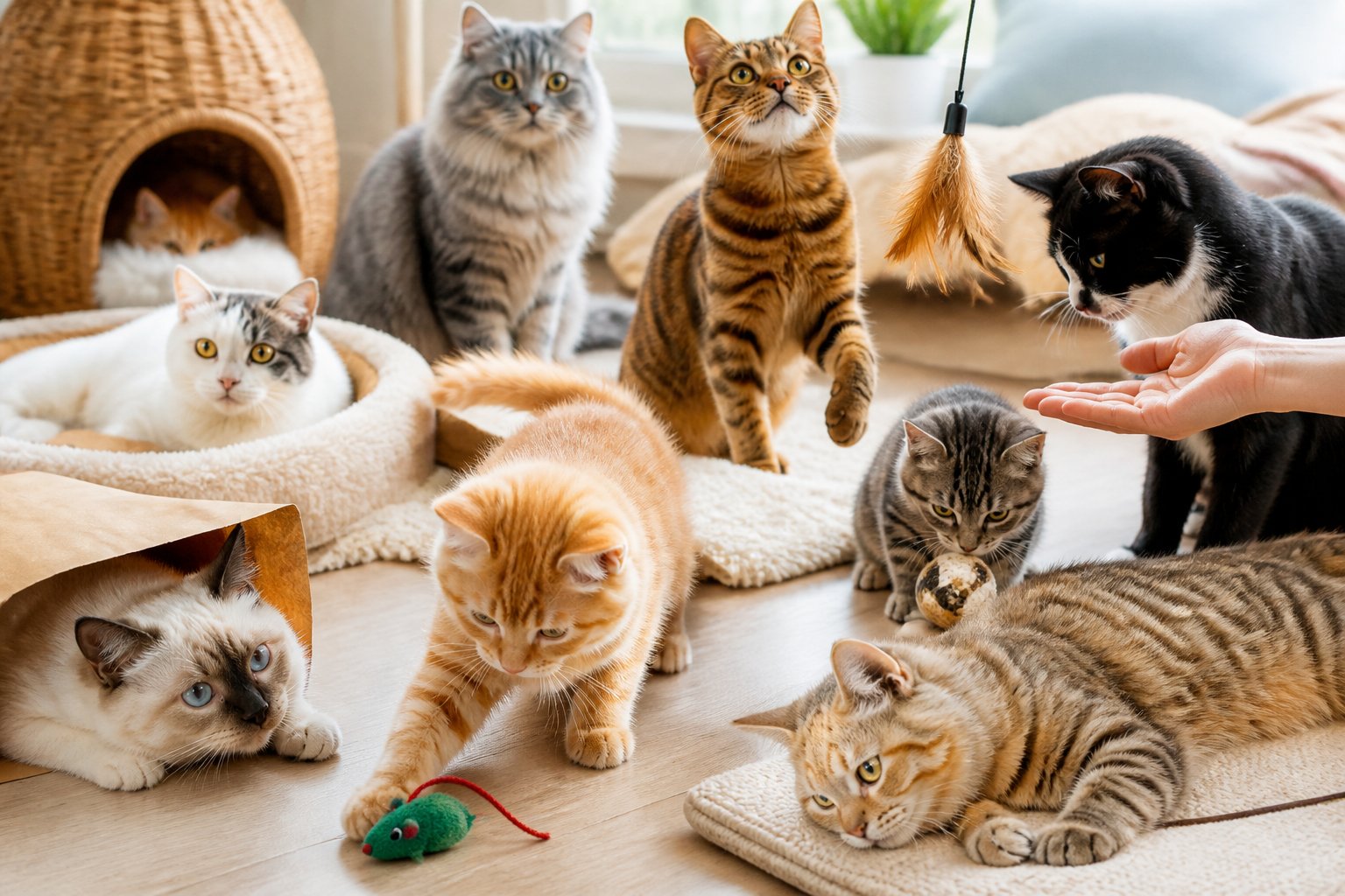 Several cats of different breeds playing and resting indoors with a person gently reaching out to one of them.