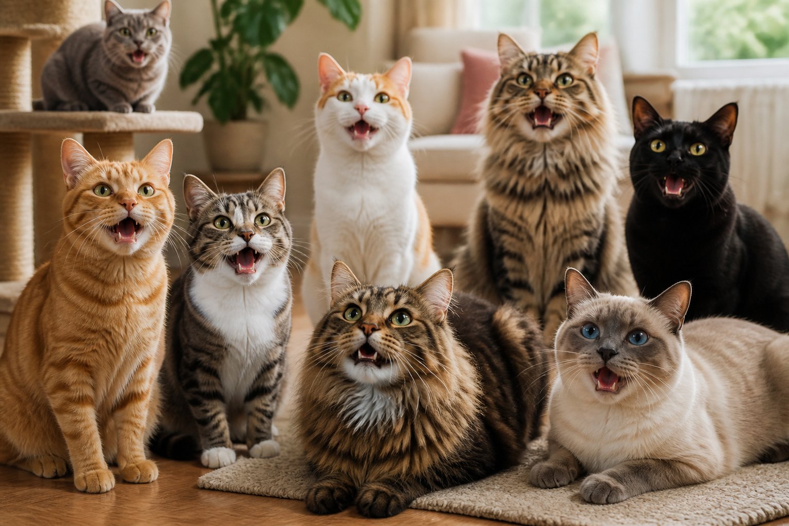 Several cats of different breeds in a cozy room, some meowing and others listening attentively.
