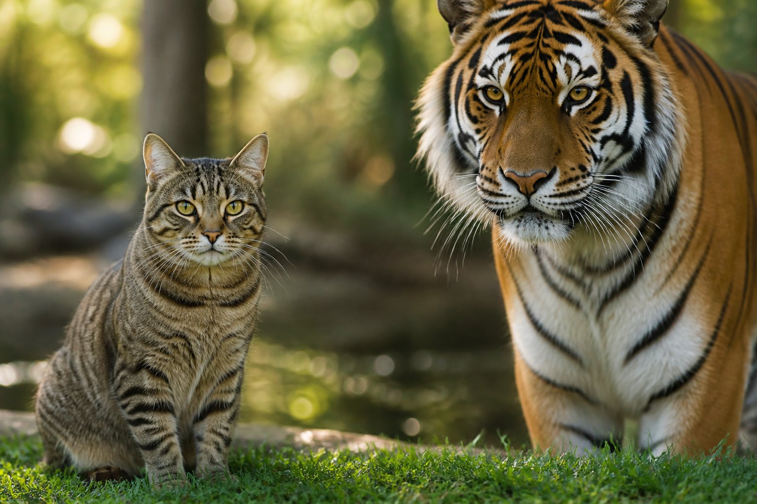 A domestic cat sitting on grass next to a partially visible tiger in a natural outdoor setting.