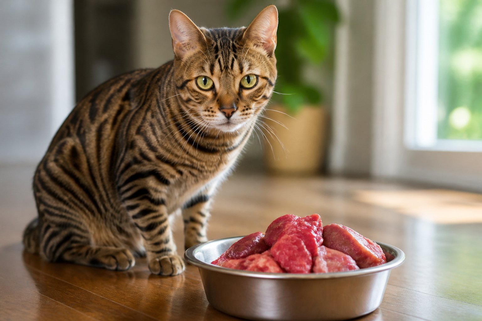 An adult cat sitting near a bowl of raw meat in a cozy home setting.